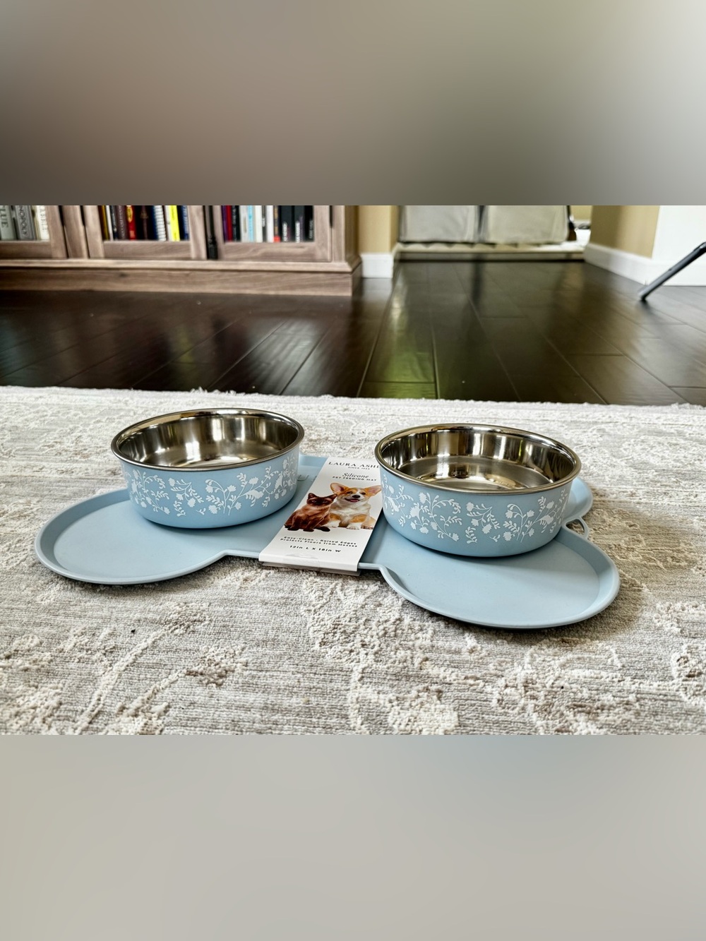 Laura Ashley Blue Floral Silicone-Base Double Pet Bowl Set